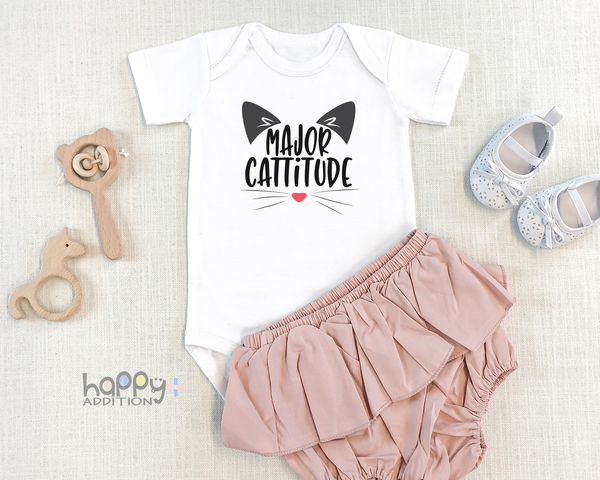 MAJOR CATTITUDE Funny cat baby onesies bodysuit (white: short or long sleeve) - HappyAddition