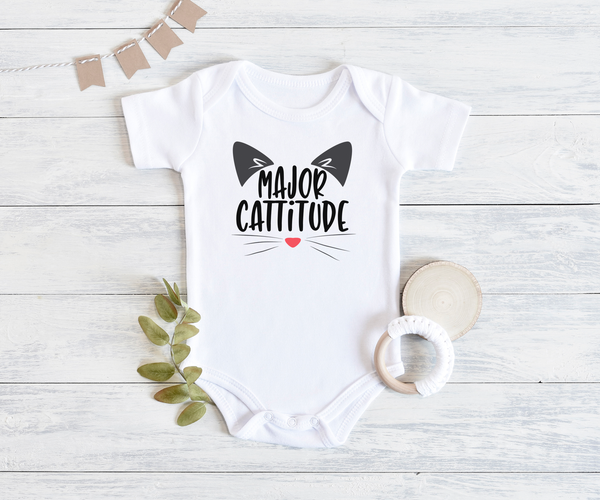 MAJOR CATTITUDE Funny cat baby onesies bodysuit (white: short or long sleeve) - HappyAddition