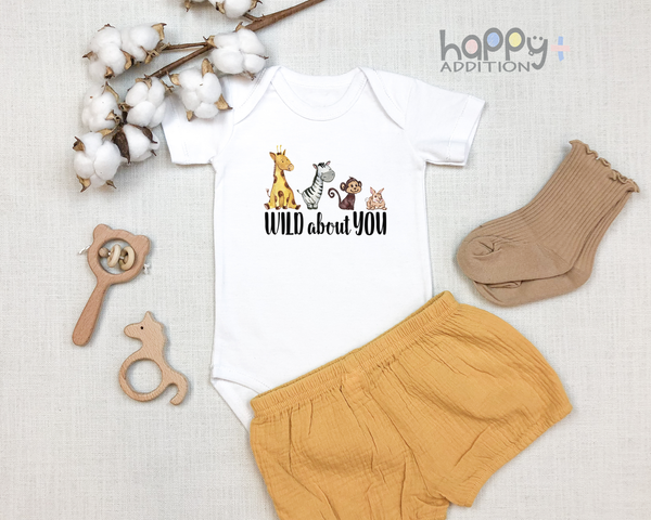 WILD ABOUT YOU Funny baby onesies animals bodysuit (white: short or long sleeve) - HappyAddition