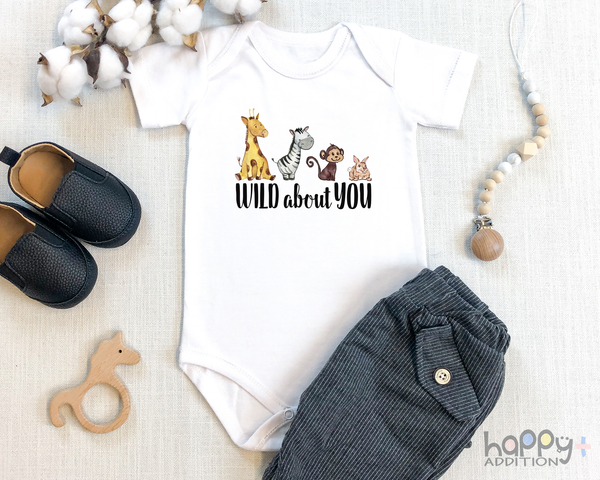 WILD ABOUT YOU Funny baby onesies animals bodysuit (white: short or long sleeve) - HappyAddition