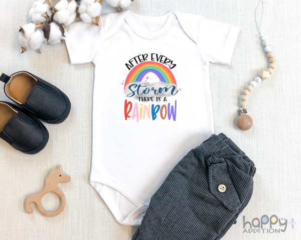 AFTER EVERY STORM COMES A RAINBOW miracle baby onesies bodysuit (white: short or long sleeve) - HappyAddition