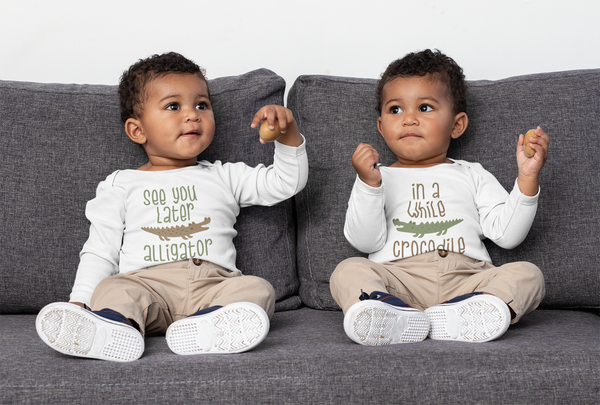 SEE YOU LATER ALLIGATOR IN A WHILE CROCODILE Funny Twin Babies Onesie Baby Girl Body Suit  (white: short or long sleeve) toddler 3t 4t 5t Available