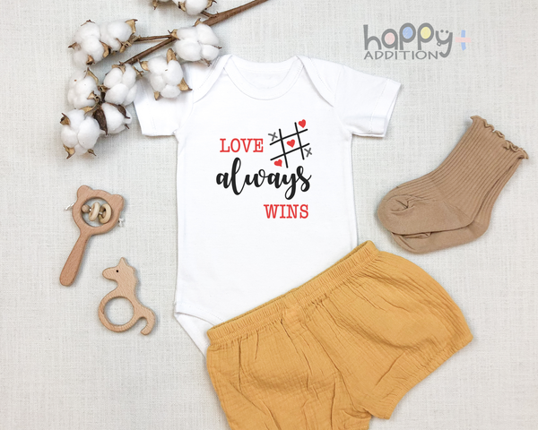 LOVE ALWAYS WINS baby onesies bodysuit (white: short or long sleeve) - HappyAddition