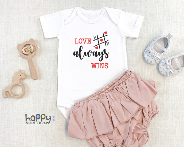 LOVE ALWAYS WINS baby onesies bodysuit (white: short or long sleeve) - HappyAddition