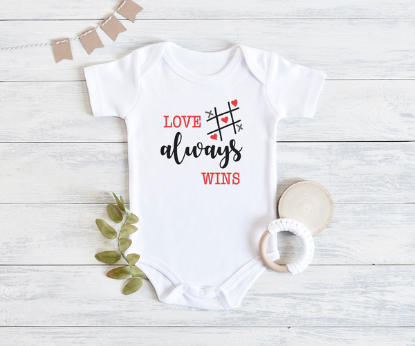 LOVE ALWAYS WINS baby onesies bodysuit (white: short or long sleeve) - HappyAddition