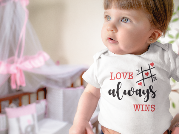 LOVE ALWAYS WINS baby onesies bodysuit (white: short or long sleeve) - HappyAddition