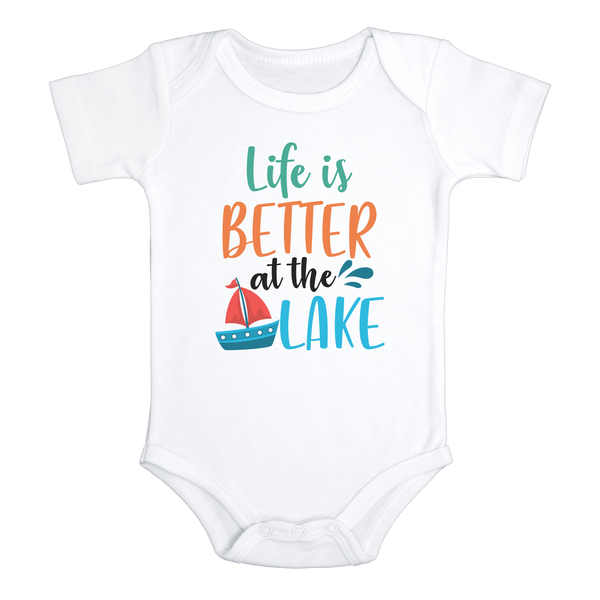 LIFE IS BETTER AT THE LAKE Funny baby onesies bodysuit (white: short or long sleeve) - HappyAddition