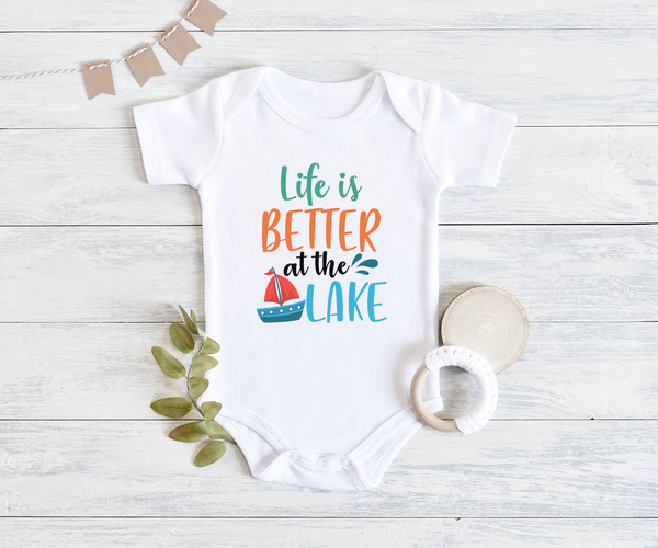 LIFE IS BETTER AT THE LAKE Funny baby onesies bodysuit (white: short or long sleeve) - HappyAddition