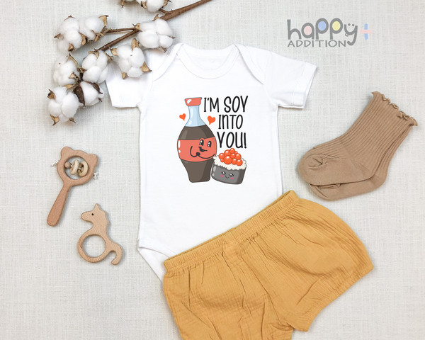 I'M SOY INTO YOU Funny baby onesies Sushi bodysuit (white: short or long sleeve) - HappyAddition