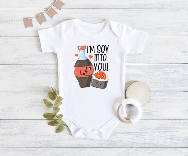 I'M SOY INTO YOU Funny baby onesies Sushi bodysuit (white: short or long sleeve) - HappyAddition