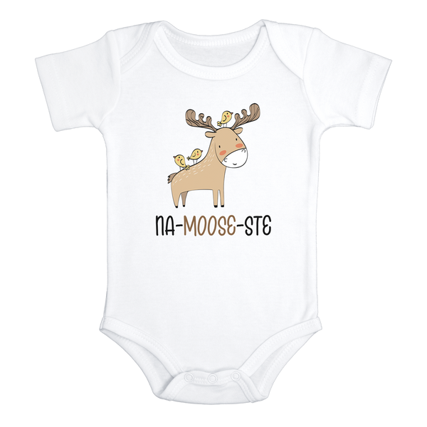 NA-MOOSE-STE Funny baby onesies yoga bodysuit (white: short or long sleeve) - HappyAddition