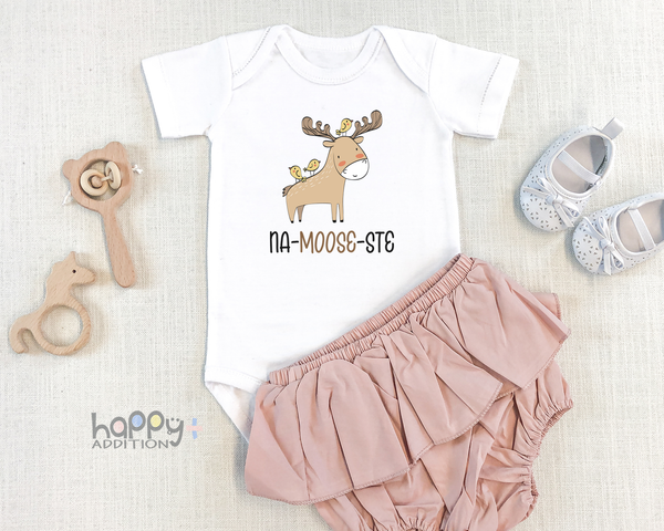 NA-MOOSE-STE Funny baby onesies yoga bodysuit (white: short or long sleeve) - HappyAddition