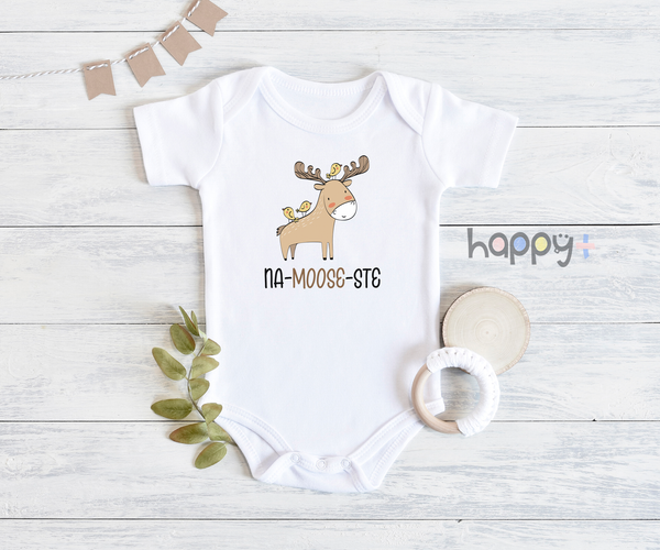 NA-MOOSE-STE Funny baby onesies yoga bodysuit (white: short or long sleeve) - HappyAddition