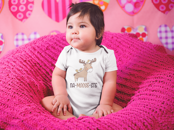 NA-MOOSE-STE Funny baby onesies yoga bodysuit (white: short or long sleeve) - HappyAddition