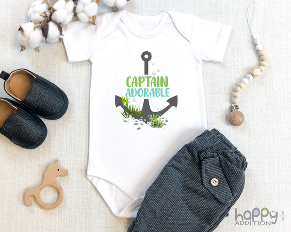 CAPTAIN ADORABLE Funny baby onesies ocean bodysuit (white: short or long sleeve) - HappyAddition