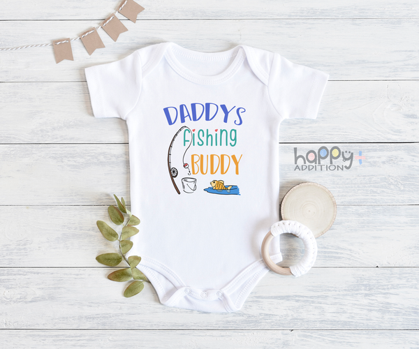 DADDY'S FISHING BUDDY Funny baby onesies fish bodysuit (white: short or long sleeve) - HappyAddition