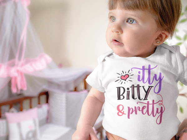 ITTY BITTY AND PRETTY Funny baby onesies bodysuit (white: short or long sleeve) - HappyAddition