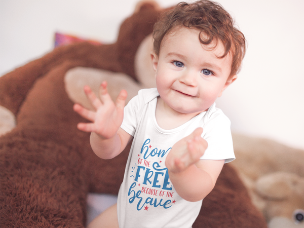 HOME OF THE FREE BECAUSE OF THE BRAVE Funny baby onesies 4th of July bodysuit (white: short or long sleeve) - HappyAddition