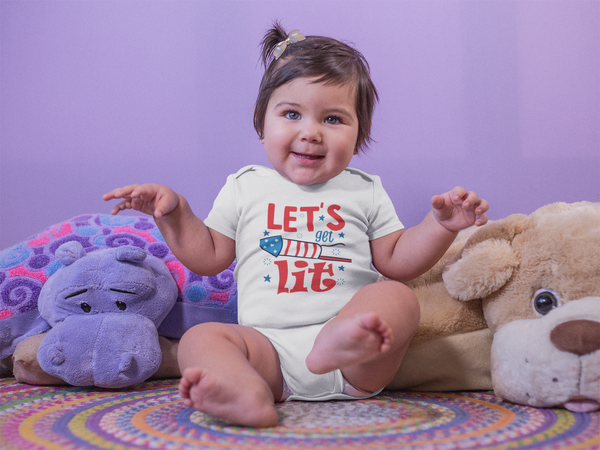 LET'S GET LIT Funny baby onesies 4th of July bodysuit (white: short or long sleeve) - HappyAddition