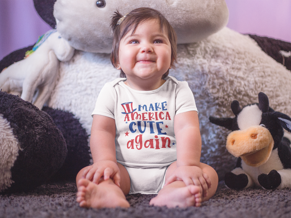 MAKE AMERICA CUTE AGAIN Funny baby onesies 4th of July bodysuit (white: short or long sleeve) - HappyAddition