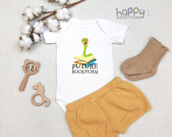 FUTURE BOOKWORM Funny baby onesies future readers bodysuit (white: short or long sleeve) - HappyAddition