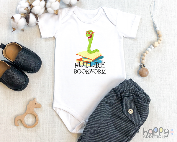 FUTURE BOOKWORM Funny baby onesies future readers bodysuit (white: short or long sleeve) - HappyAddition