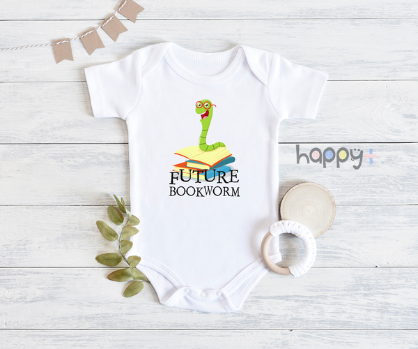 FUTURE BOOKWORM Funny baby onesies future readers bodysuit (white: short or long sleeve) - HappyAddition