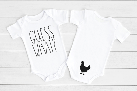 GUESS WHAT? CHICKEN BUTT! Funny baby onesies bodysuit (1 Double sided shirt white: short or long sleeve)