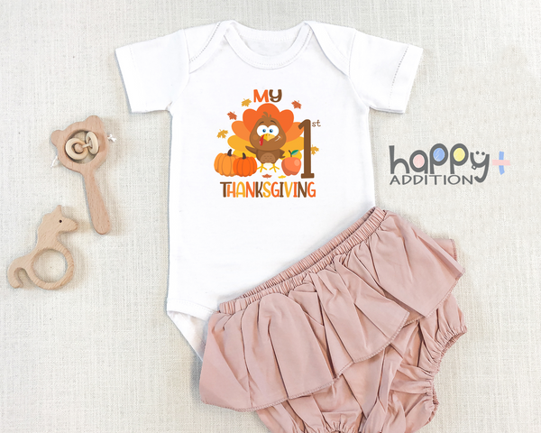 MY FIRST THANKSGIVING Funny baby onesies Thanksgiving Day bodysuit (white: short or long sleeve)