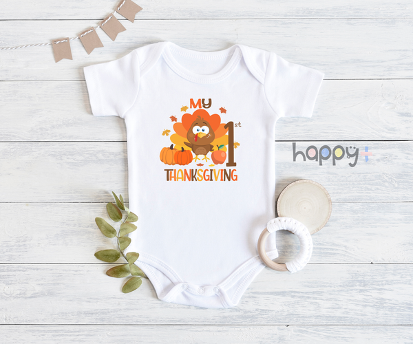 MY FIRST THANKSGIVING Funny baby onesies Thanksgiving Day bodysuit (white: short or long sleeve)