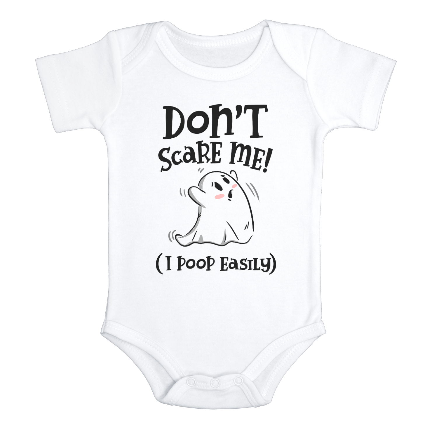 DON'T SCARE ME I POOP EASILY Funny baby Halloween onesies bodysuit (white: short or long sleeve)