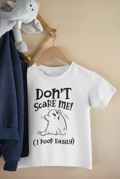 DON'T SCARE ME I POOP EASILY Funny baby Halloween onesies bodysuit (white: short or long sleeve)