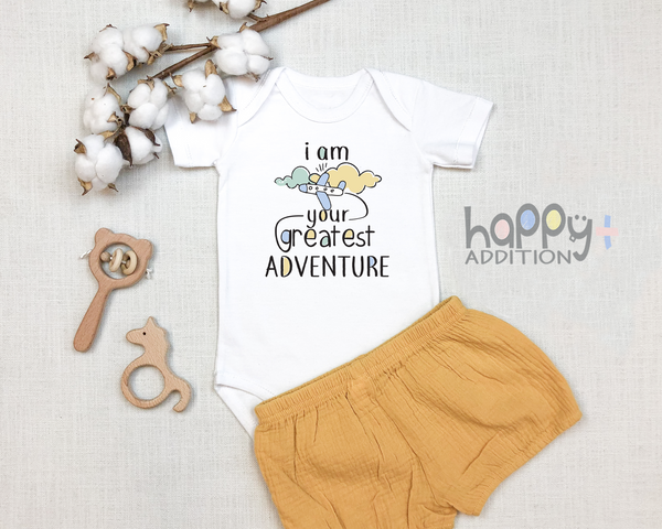 I AM YOUR GREATEST ADVENTURE Funny baby Boy onesies bodysuit (white: short or long sleeve)