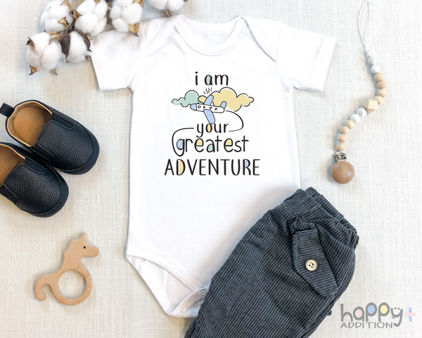 I AM YOUR GREATEST ADVENTURE Funny baby Boy onesies bodysuit (white: short or long sleeve)