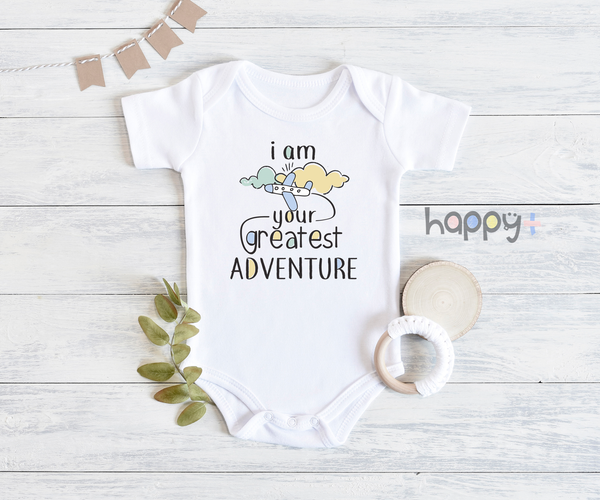 I AM YOUR GREATEST ADVENTURE Funny baby Boy onesies bodysuit (white: short or long sleeve)