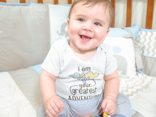 I AM YOUR GREATEST ADVENTURE Funny baby Boy onesies bodysuit (white: short or long sleeve)