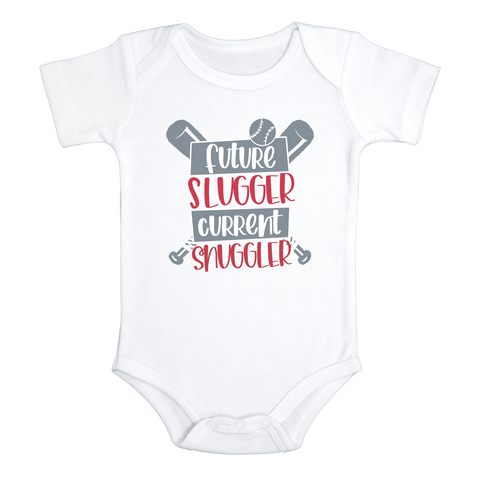 FUTURE SLUGGER CURRENT SLUGGER Funny baby onesies baseball bodysuit (white: short or long sleeve)