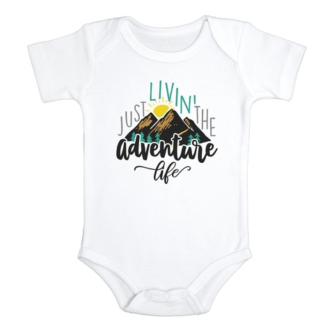 JUST LIVING THE ADVENTURE LIFE Funny baby onesies Camping bodysuit (white: short or long sleeve)