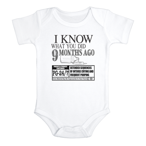 I KNOW WHAT YOU DID 9 MONTHS AGO Funny baby Scary Movie onesies bodysuit (white: short or long sleeve)