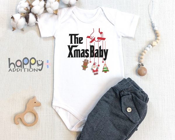 THE XMAS BABY Funny baby Christmas onesies bodysuit (white: short or long sleeve)