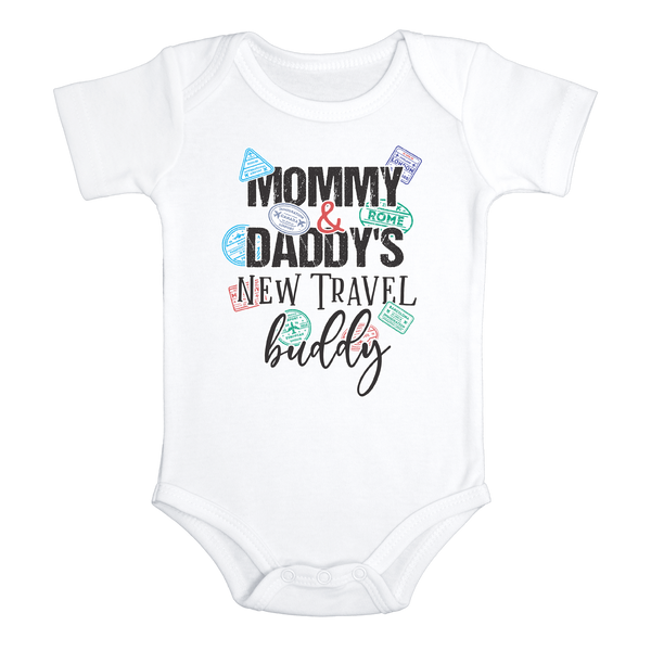 MOMMY AND DADDY'S NEW TRAVEL BUDDY Funny baby Boy onesies bodysuit (white: short or long sleeve)