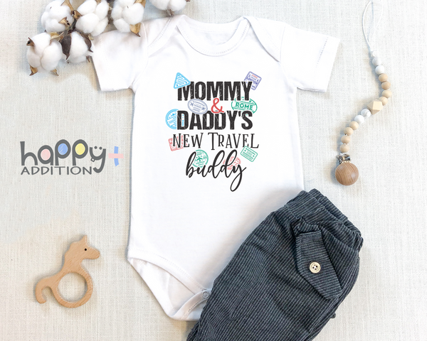 MOMMY AND DADDY'S NEW TRAVEL BUDDY Funny baby Boy onesies bodysuit (white: short or long sleeve)