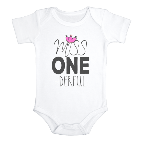 MISS ONE-DERFUL Funny Baby Bodysuit Onesie White - HappyAddition