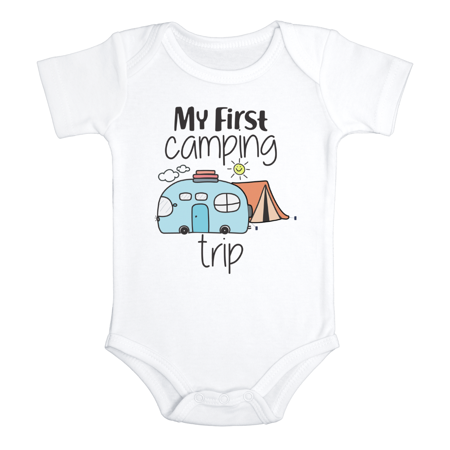 MY FIRST CAMPING TRIP Funny baby onesies Hiking bodysuit (white: short or long sleeve)