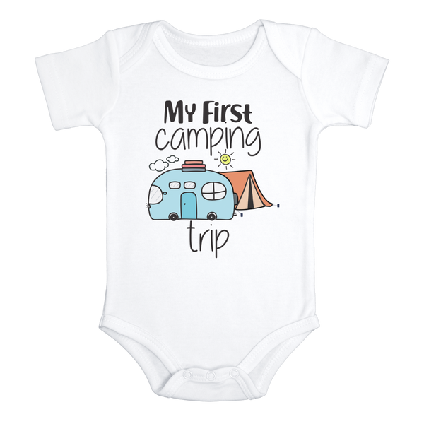 MY FIRST CAMPING TRIP Funny baby onesies Hiking bodysuit (white: short or long sleeve)