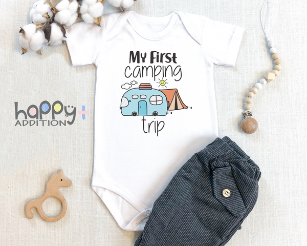 MY FIRST CAMPING TRIP Funny baby onesies Hiking bodysuit (white: short or long sleeve)