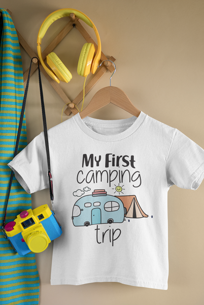 MY FIRST CAMPING TRIP Funny baby onesies Hiking bodysuit (white: short or long sleeve)