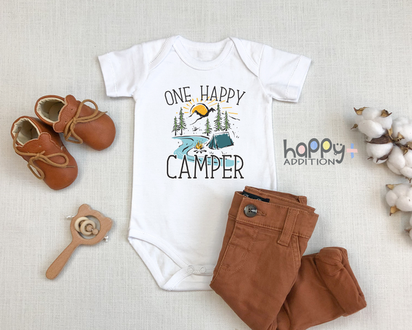 ONE HAPPY CAMPER Funny baby onesies Hiking bodysuit (white: short or long sleeve)