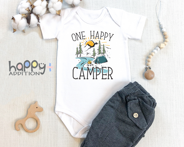 ONE HAPPY CAMPER Funny baby onesies Hiking bodysuit (white: short or long sleeve)