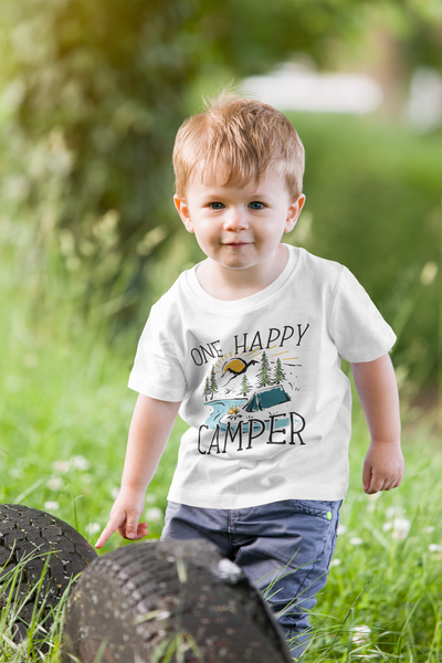 ONE HAPPY CAMPER Funny baby onesies Hiking bodysuit (white: short or long sleeve)